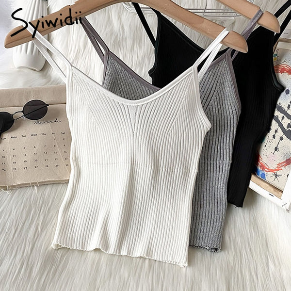 Syiwidii Knitted Camis Women V-Neck Screw Thread Tops Casual Sexy Solid White Tank Tops Summer 2022 Fashion New Short Clothing