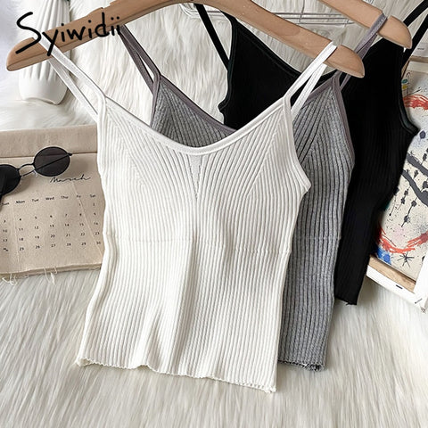 Syiwidii Knitted Camis Women V-Neck Screw Thread Tops Casual Sexy Solid White Tank Tops Summer 2022 Fashion New Short Clothing