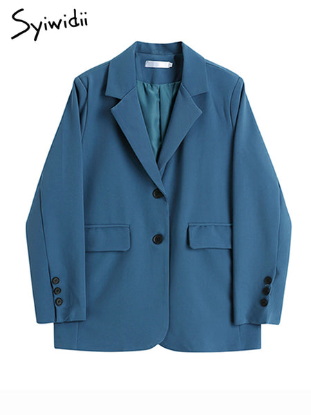Syiwidii Oversized Blue Blazer Women Autumn 2023 Chic Jacket Notched Collar Long Sleeve Office Ladies Outerwear Stylish Coats