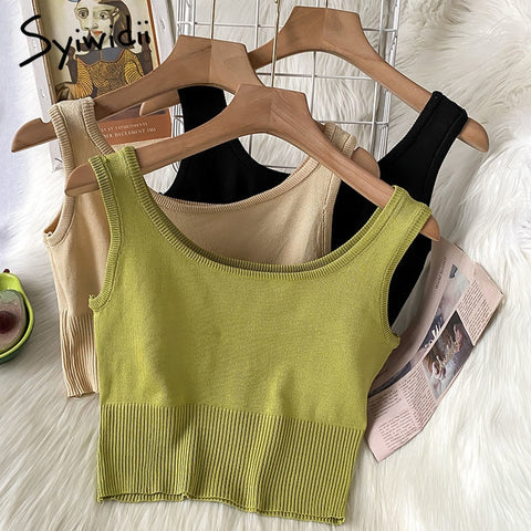 Syiwidii Screw Thread Camis Women Casual Sexy Crop Tops Knitted Solid Black Green Tank Tops Summer 2022 Fashion Short Clothing