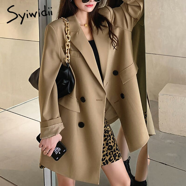 Syiwidii Suit Blazers Women 2022 Fall Winter Office Lady Jacket Long Sleeve Notched Coat Double Breasted Loose Outwear Black