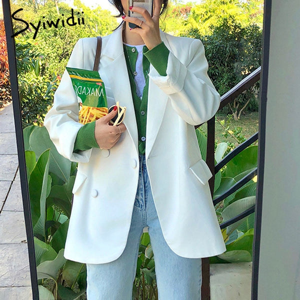 Syiwidii Suit Jacket White Blazers for Women Long Sleeve Oversized Coat 2022 Loose Green Blazer Jacket Office Ladies Black Tops