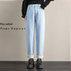 Syiwidii Velvet Jeans for Women Winter 2022 Warm Straight Denim Pants Black Fleece Elastic Waist Girls Mom Jeans Woman