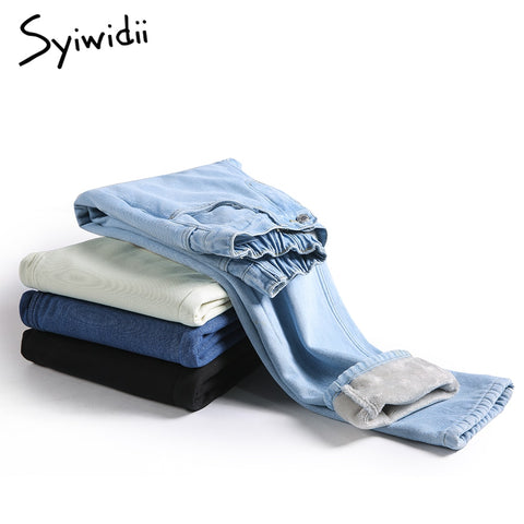 Syiwidii Velvet Jeans for Women Winter 2022 Warm Straight Denim Pants Black Fleece Elastic Waist Girls Mom Jeans Woman