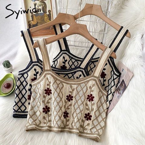 Syiwidii Vintage Embroidery Floral Camis Women Casual Short Knitted Sexy Crop Tops Black Tank Tops Summer 2022 Fashion Clothing
