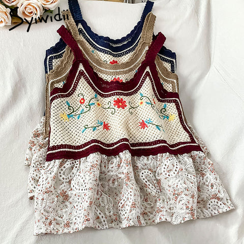 Syiwidii Vintage Embroidery Screw Thread Camis Women Casual Sexy Hollow Out Knitted Spliced Tank Tops Summer 2022 New Clothing