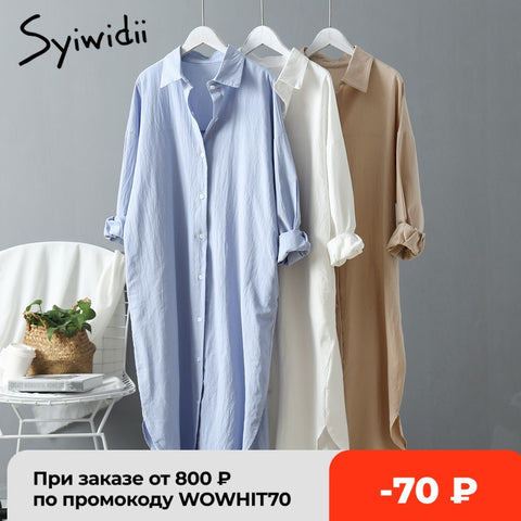 Syiwidii White Shirt Dress for Women Linen Cotton Clothing 2023 Spring Summer Casual Vintage Oversized Pure Long Midi Dresses