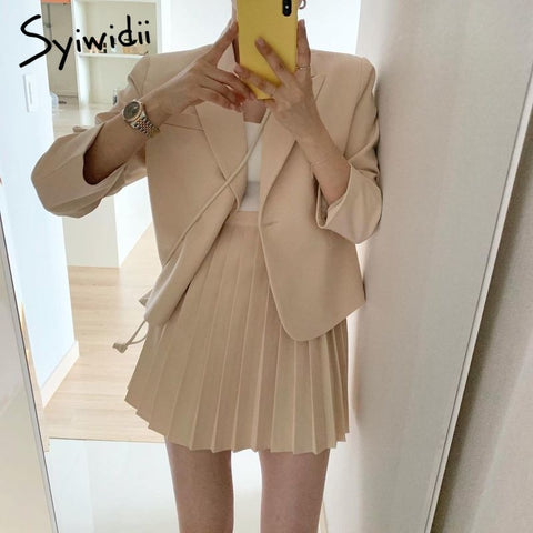Syiwidii Women Skirt Suits Set 2023 Spring 2 Piece Jacket Work Suit Mini Pleated Skirts Korean Office Ladies Blazer Set
