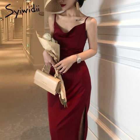 Syiwidii Women's Elegant Party Dress for Year 2023 Evening Red Wedding Silk Midi Dress Spaghetti Strap Long Satin Dresses