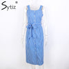 Blue Striped Dress Bow Bandage Sexy Summer Off Shoulder Women Party Dresses Single-Breasted Midi Elegant Shirt Dress