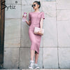 Jacquard Elegant Dress Slim Pink Bodycon Short Sleeve Summer Women Knee Length Robe 2022 O-Neck Fitness Long Dresses