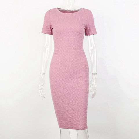 Jacquard Elegant Dress Slim Pink Bodycon Short Sleeve Summer Women Knee Length Robe 2022 O-Neck Fitness Long Dresses
