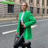 T MODA 2023 Women Chic Green Loose Long Blazer Jacket V Neck Pockets Office Lady Jackets Female Elegant Outwear