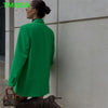 T MODA 2023 Women Chic Green Loose Long Blazer Jacket V Neck Pockets Office Lady Jackets Female Elegant Outwear
