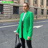 T MODA 2023 Women Chic Green Loose Long Blazer Jacket V Neck Pockets Office Lady Jackets Female Elegant Outwear