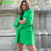 T MODA 2023 Women Chic Green Loose Long Blazer Jacket V Neck Pockets Office Lady Jackets Female Elegant Outwear