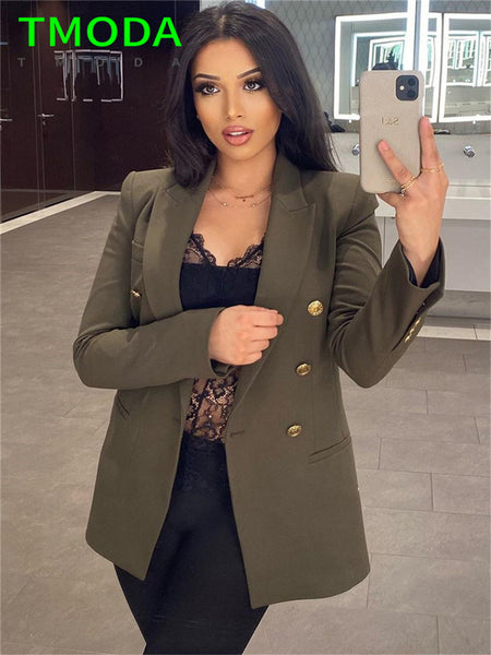 T MODA  Women 2023 Golden Buttons ArmyGreen Blazer Coat Vintage Double Breasted Long Sleeve Female Outerwear Chic Tops