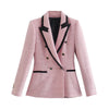 T MODA Women Elegant Pink Texture Double Breasted Tweed Blazer Long Sleeve Pockets Coats Female Streetwear Tops
