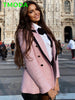 T MODA Women Elegant Pink Texture Double Breasted Tweed Blazer Long Sleeve Pockets Coats Female Streetwear Tops