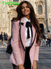 T MODA Women Elegant Pink Texture Double Breasted Tweed Blazer Long Sleeve Pockets Coats Female Streetwear Tops