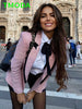T MODA Women Elegant Pink Texture Double Breasted Tweed Blazer Long Sleeve Pockets Coats Female Streetwear Tops