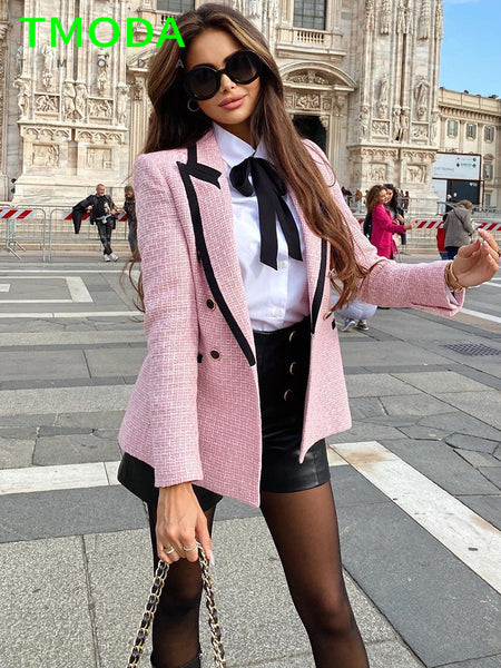 T MODA Women Elegant Pink Texture Double Breasted Tweed Blazer Long Sleeve Pockets Coats Female Streetwear Tops