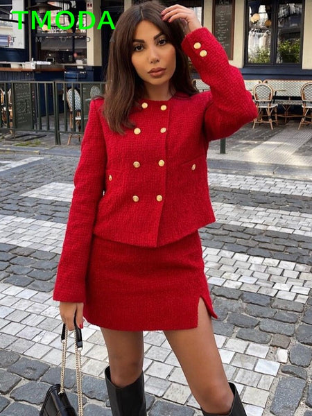 T MODA Za Women Red Texture Double Breasted Short Coat + High Waist A-Line Mini Skirt Sets Chic Office Lady Outwear Outfits