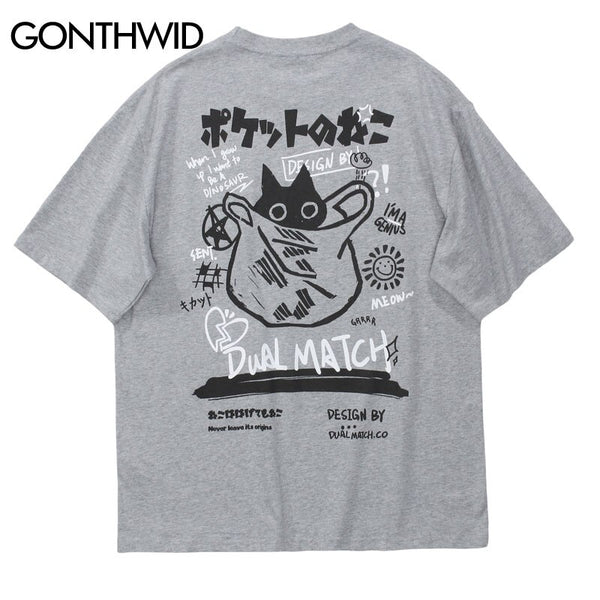 T Shirts Streetwear Hip Hop Harajuku Graffiti Japanese Kanji Cartoon Print Tees Mens 2023 Summer Casual Loose Tshirts