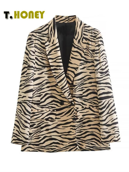 TELLHONEY Women Leopard Print Notched Collar Double Breasted With Pockets Blazer Female Casual Long Sleeves Satin Coat