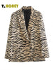 TELLHONEY Women Leopard Print Notched Collar Double Breasted With Pockets Blazer Female Casual Long Sleeves Satin Coat