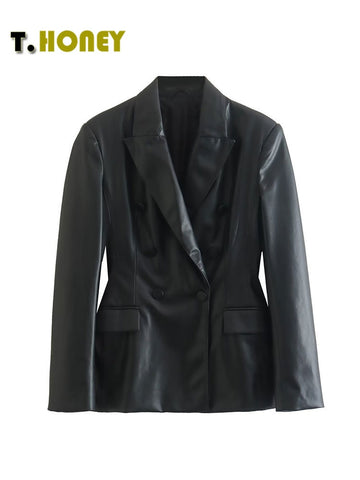 TELLHONEY Women Notched Color Double Breasted Blazer Coats Female Faux Leather Long Sleeves High Waist Jacket Outerwear