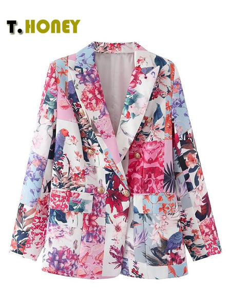 TELLHONEY Women Print Notched Collar Double Breasted Blazer Female Casual Long Sleeves Loose Jacket Coat Chic Outerwears