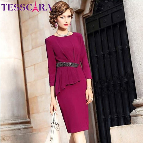 TESSCARA Women Autumn Elegant Beading Dress Festa  Ruffle Cocktail Party Robe Femme Vintage Designer Pencil Vestidos