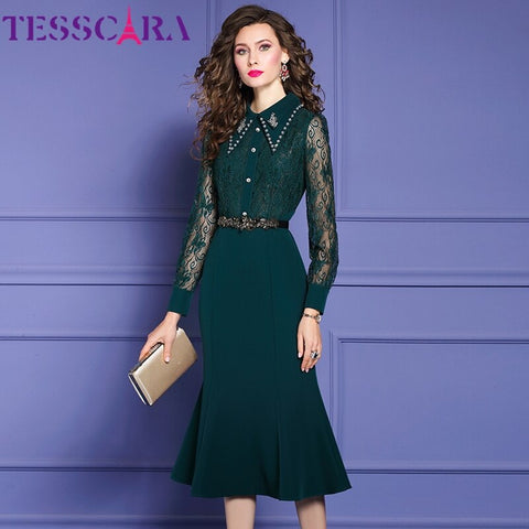 TESSCARA Women Autumn Elegant Beading Dress Festa  Trumpet Cocktail Party Robe Vintage Lace Designer Vestidos M-4XL