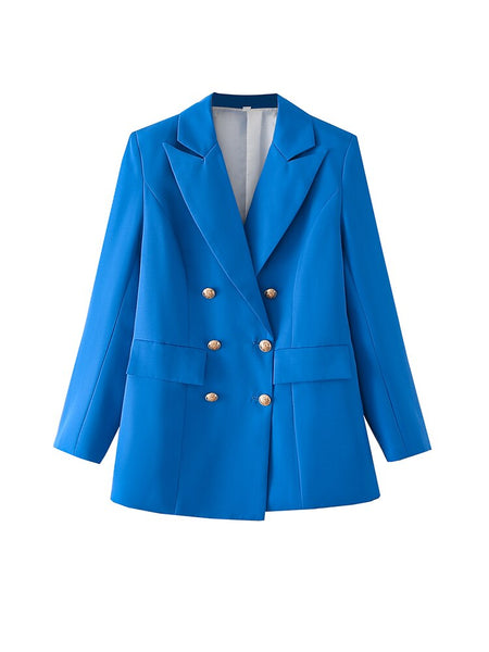 TFMLN Blue Office Blazer Woman Double Breasted Jacket Women Outfit Long Sleeve Elegant Female Blazer Shoulder Pads Women Coat