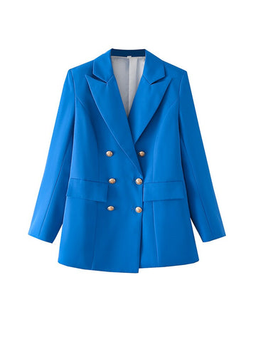 TFMLN Blue Office Blazer Woman Double Breasted Jacket Women Outfit Long Sleeve Elegant Female Blazer Shoulder Pads Women Coat