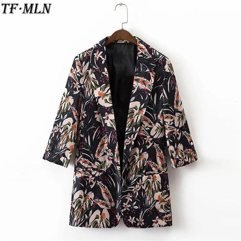 TFMLN Womens Elegant Autumn Cotton Print Floral Notched Blazer Feminino Wear to Work Office Business Outwear Jacket Top Blazer