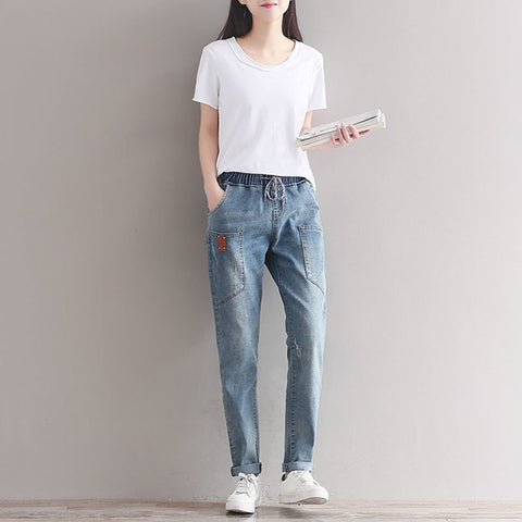 Quality Jeans Women Harem Pants Elastic Waist Stretch Trousers Long Plus Size Fashion Washed Denim Jeans Pants Women