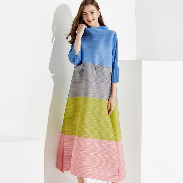 TIANPEI Pleated Women Oversized Three Quarter High Pockets Long Dress Turtleneck African Indie Aesthetic Clothes