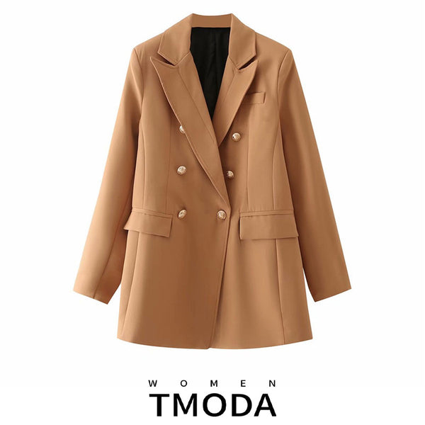 TMODA1974 Women 2023 Double-Breasted Camel Blazer Coat Vintage Long Sleeve Pockets Female Outerwear Chic Veste Femme Top