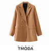 TMODA1974 Women 2023 Double-Breasted Camel Blazer Coat Vintage Long Sleeve Pockets Female Outerwear Chic Veste Femme Top