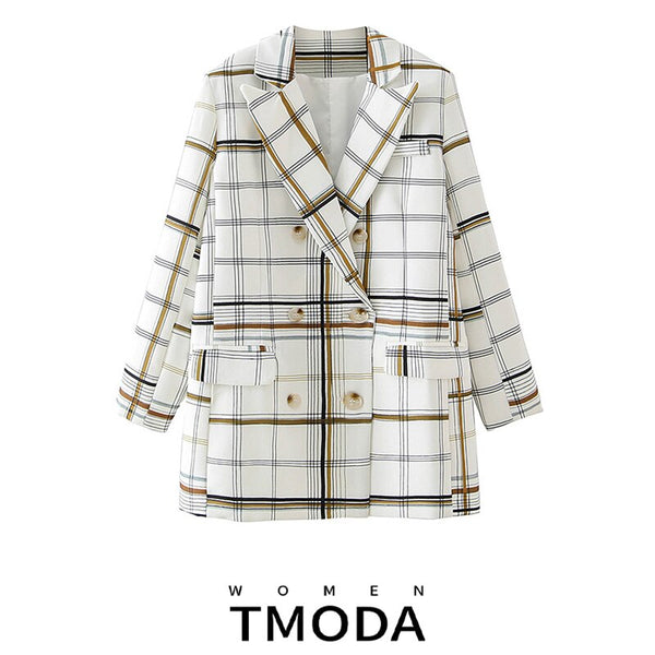 TMODA407 Za Women Oversized Plaid Double Breasted Blazer Elegant Office Work Business Formal Check Jacket Suit Coat Fall Outwear