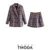 TMODA518 Za Women 2022 Spring Lattice Suit Jacket Office Formal Blazer Double Breasted High Waist Brmuda Shorts Two Peice Set