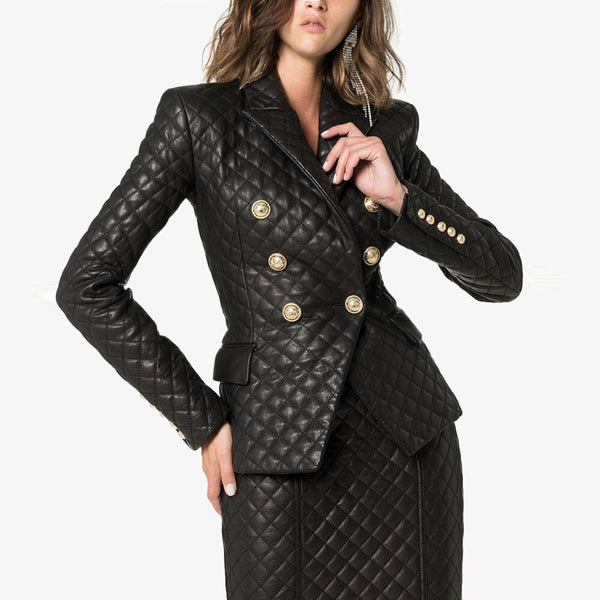 2023 Designer Jacket Women's Double Breasted Lion Buttons Grid Sewing Synthetic Leather Blazer