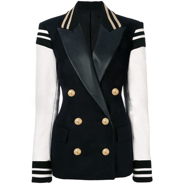 2023 Designer Stylish Blazer for Ladies Leather Patchwork Double Breasted Varsity Blazer Jacket