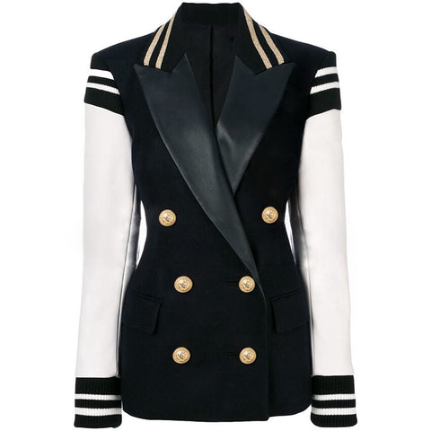 2023 Designer Stylish Blazer for Ladies Leather Patchwork Double Breasted Varsity Blazer Jacket