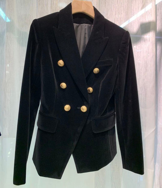 TOP VERSION !!! BLACK NAVY VELVET BLAZER FRONT DOUBLE BREASTED FLAP POCKETS LONG SLEEVES BUTTONED CUFFS