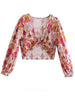 TRAF 2023 Knot Floral Top Women Vintage Print Crop Top Female Long Puff Sleeve Summer Blouses Beach Chic Woman Blouse