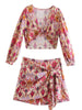 TRAF 2023 Knot Floral Top Women Vintage Print Crop Top Female Long Puff Sleeve Summer Blouses Beach Chic Woman Blouse