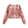 TRAF 2023 Knot Floral Top Women Vintage Print Crop Top Female Long Puff Sleeve Summer Blouses Beach Chic Woman Blouse